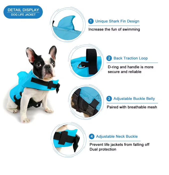Shark Dog Life Vest — Reinforced Buoyancy Swimwear for Small Dogs, Safety Vest with Handle for Medium & Large Dogs While Surfing