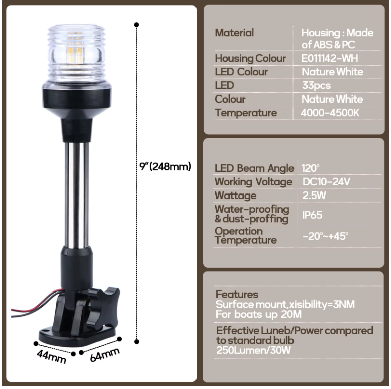 LED Navigation Light — Foldable Sailing Signal Lamp 12V