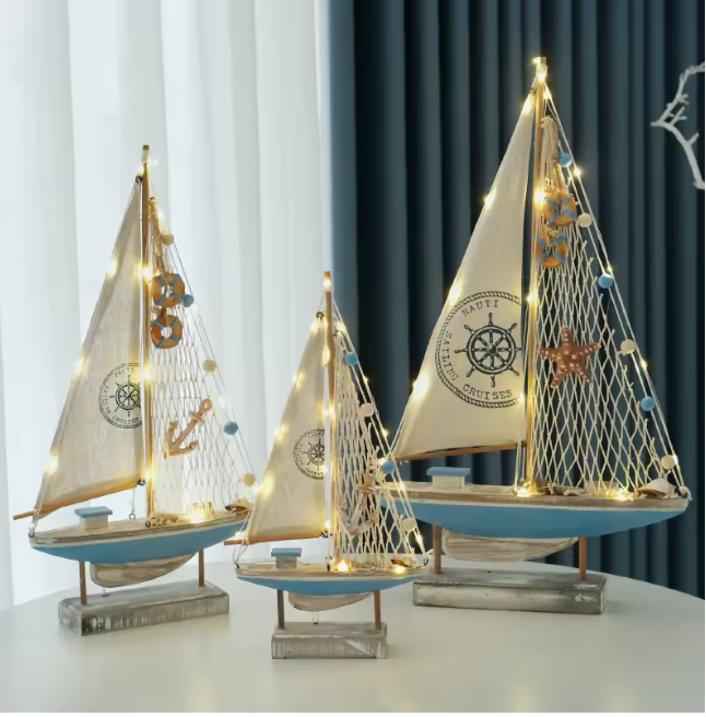 Mediterranean Style Wooden LED Sailboat Model