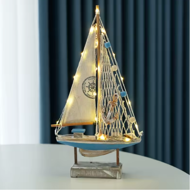 Mediterranean Style Wooden LED Sailboat Model