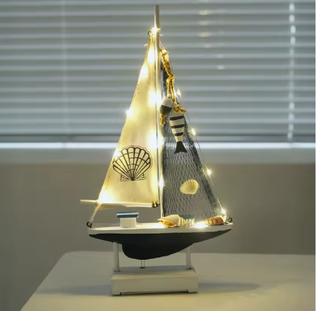 Mediterranean Style Wooden LED Sailboat Model