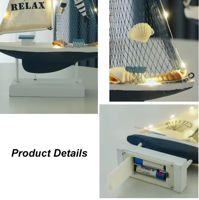 Mediterranean Style Wooden LED Sailboat Model