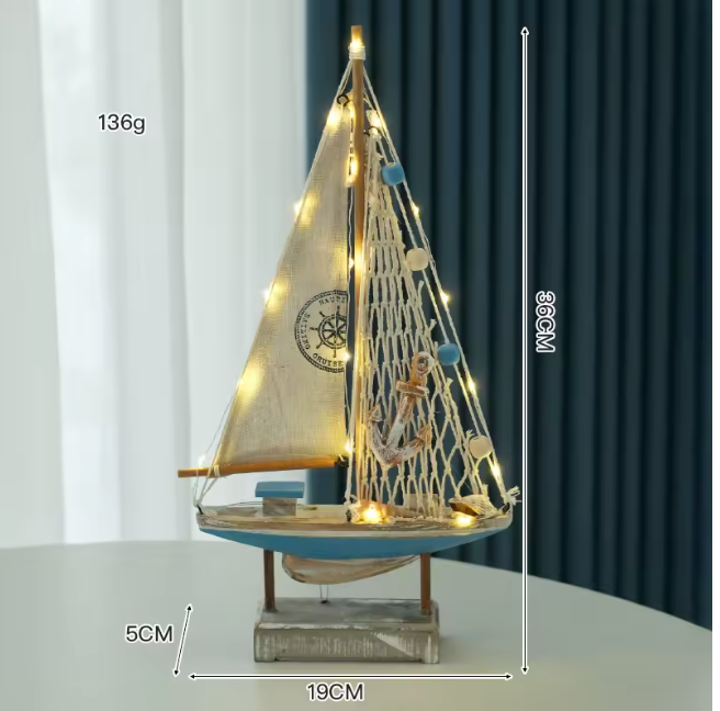 Mediterranean Style Wooden LED Sailboat Model