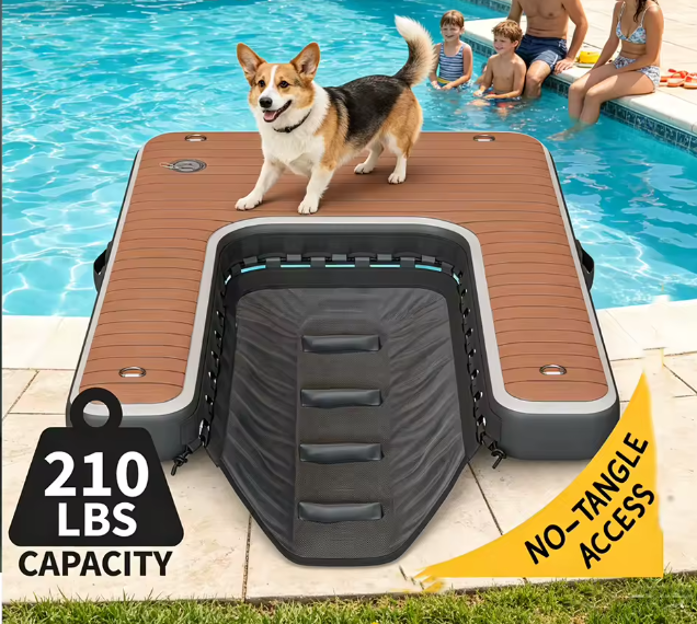 Pool Ramp for Dogs — Inflatable Dog Ramp 60"x40" with Non-Slip Surface & Floating Ladder