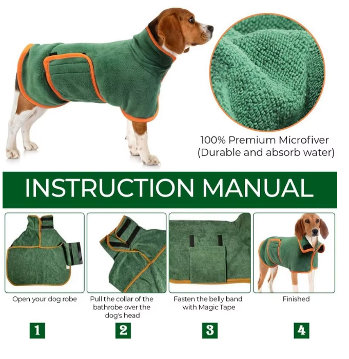 Pet Bathrobe — Highly Absorbent, Quick-Drying Dog & Cat Towel Coat with Adjustable Fit, for Small, Medium & Large Pets