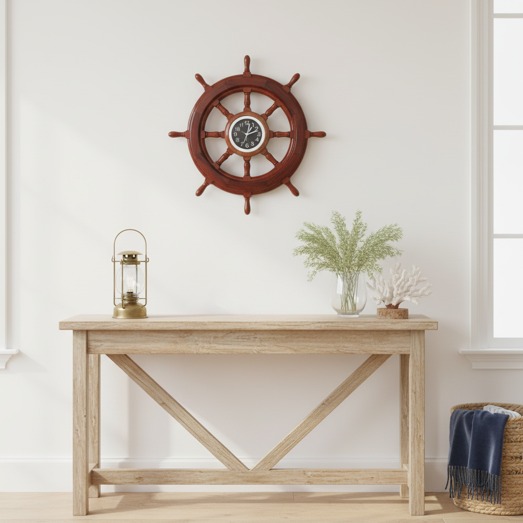 Ship Wheel with Clock — 40cm | Handcrafted